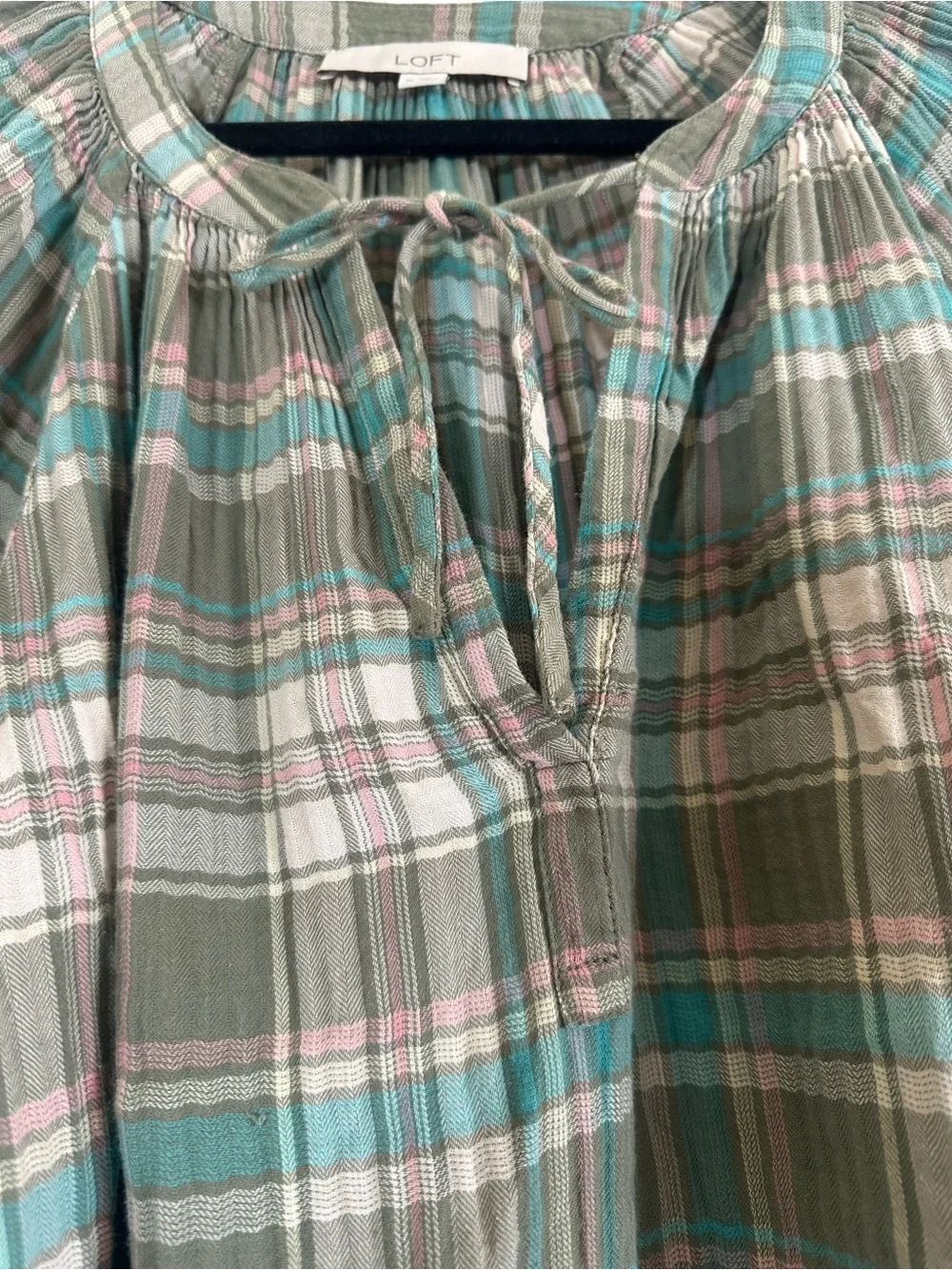Loft plaid puff sleeve gauze tie front blouse size M